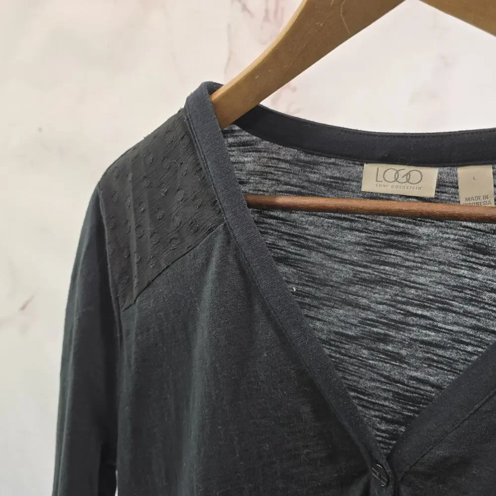 Logo by Lori Goldstein Cardigan Womens Large Black Chiffon Lace Trim Tee Jersey